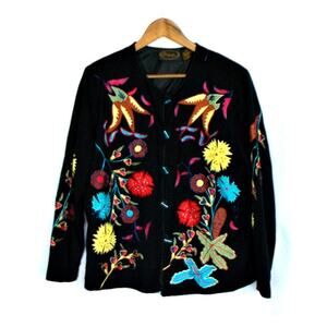 Alex Kin Black Colorful Floral Embroidered Black Blazer Sz Medium